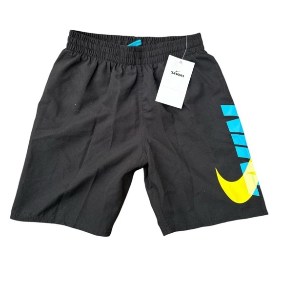 Nike Boys Size L Athletic Shorts in Black with Blue and Yellow Swoosh - Picture 1 of 4